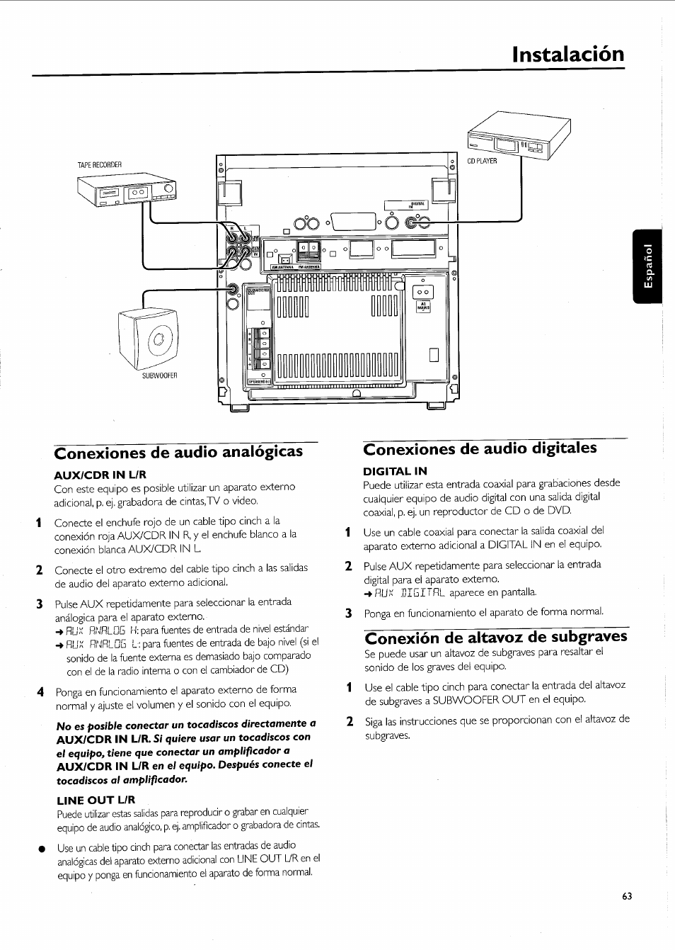 Instalación, Conexiones de audio analógicas, Aux/cdr in l/r | Line out l/r, Conexiones de audio digitales, Digital in, Conexión de altavoz de subgraves | Philips FW-R55 User Manual | Page 63 / 84