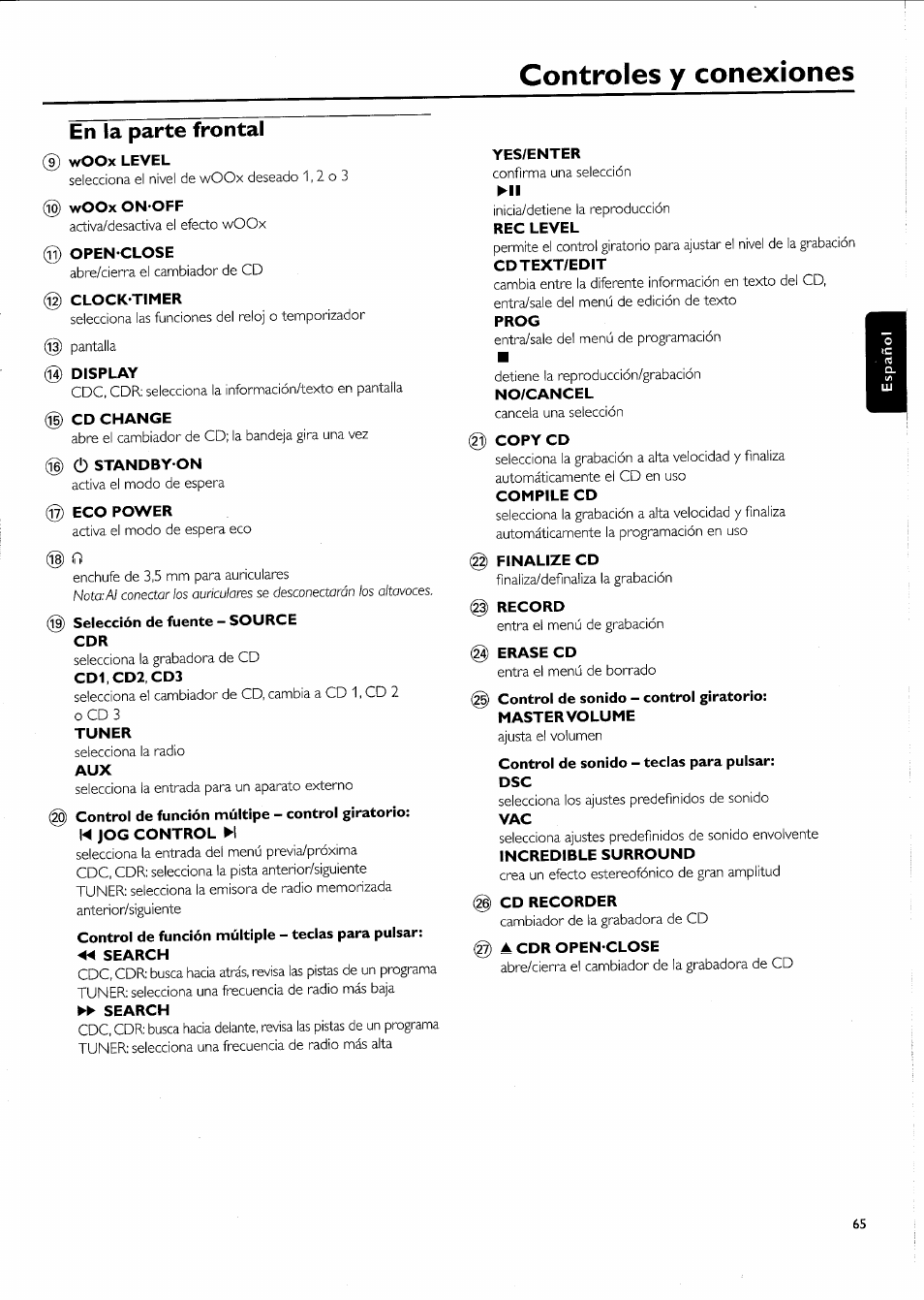 Controles y conexiones, En ia parte frontal | Philips FW-R55 User Manual | Page 65 / 84