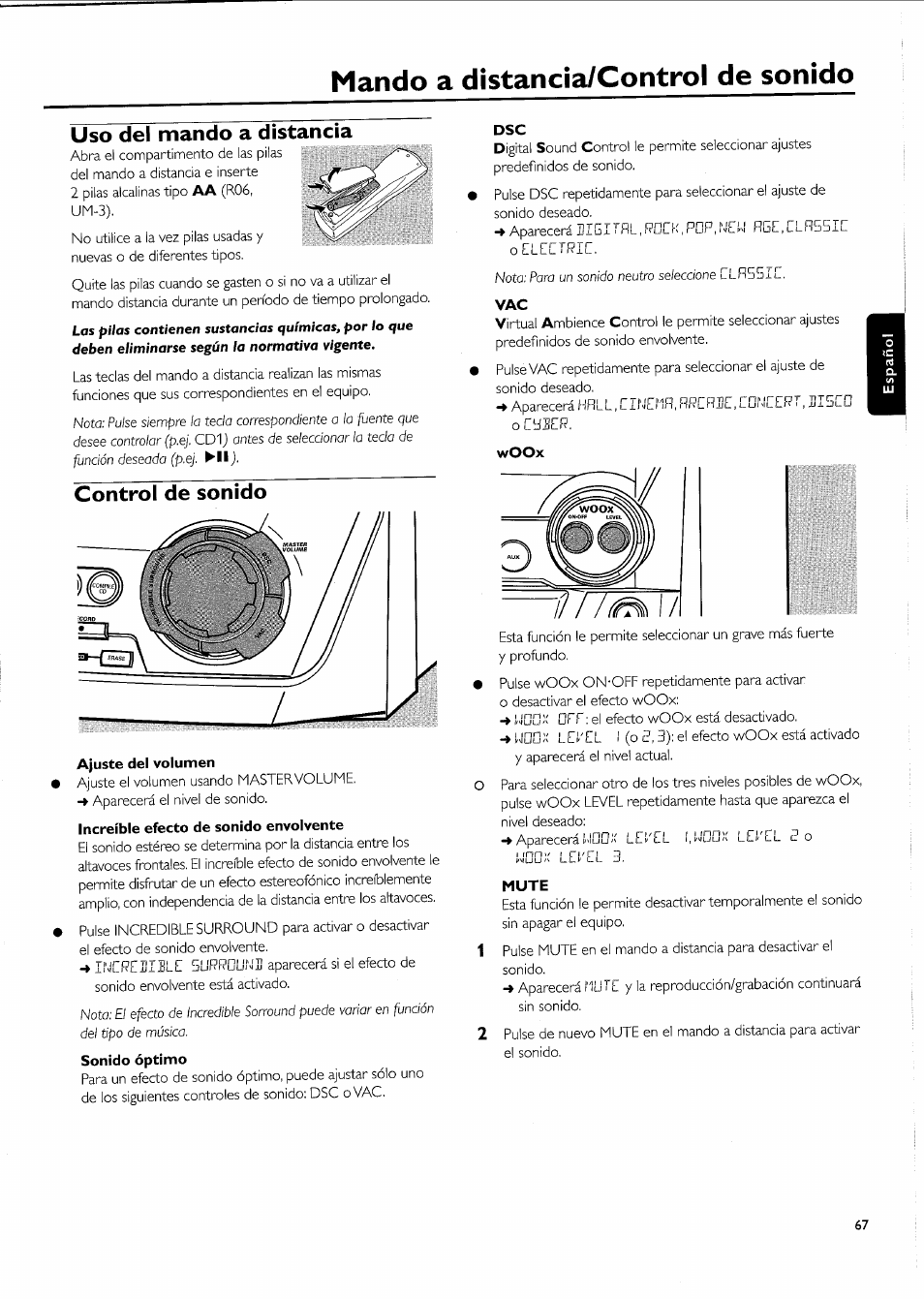 Mando a distancìa/control de sonido, Uso del mando a distancia, Control de sonido | Ajuste del volumen, Increíble efecto de sonido envolvente, Mute, Нн7 /н^t | Philips FW-R55 User Manual | Page 67 / 84