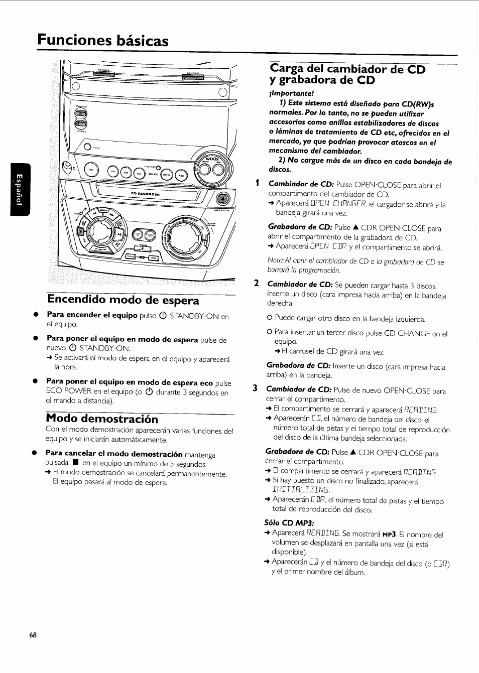 Encendido modo de espera, Modo demostración, Carga del cambiador de cd y grabadora de cd | Funciones básicas | Philips FW-R55 User Manual | Page 68 / 84