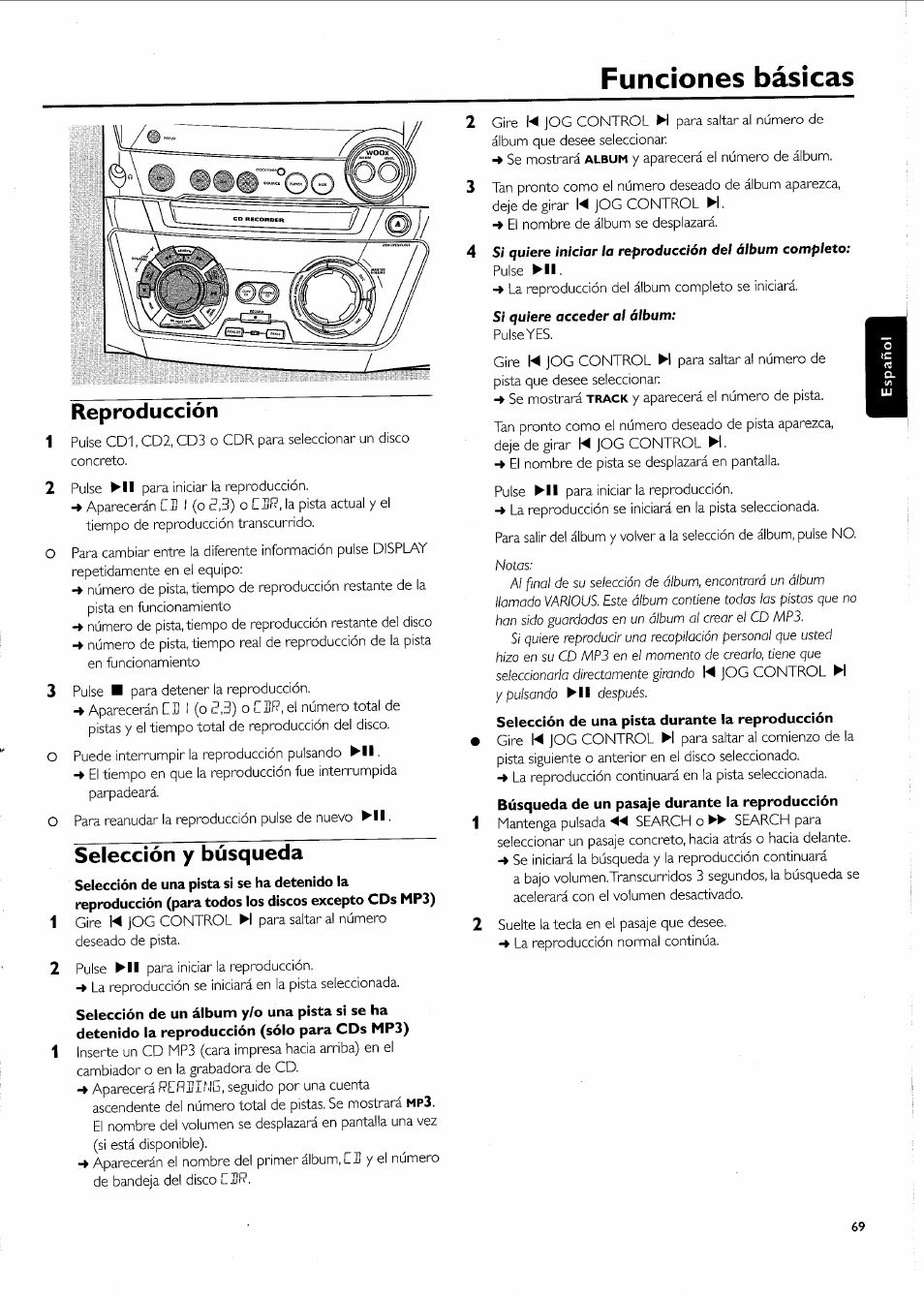 Selección y búsqueda, Funciones básicas | Philips FW-R55 User Manual | Page 69 / 84