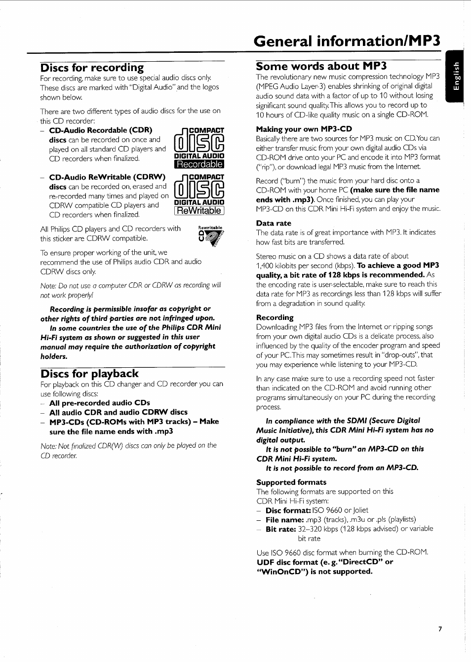 General information/mp3, Discs for recording, Discs for playback | Some words about mp3, Data rate, I rewritablel | Philips FW-R55 User Manual | Page 7 / 84