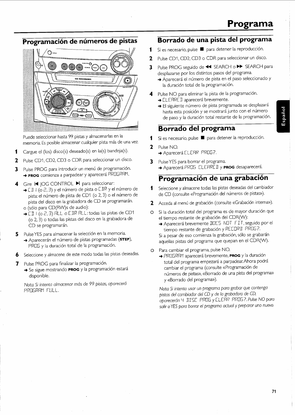 Programación de números de pistas, Borrado de una pista del programa, Borrado del programa | Programación de una grabación, Programa | Philips FW-R55 User Manual | Page 71 / 84