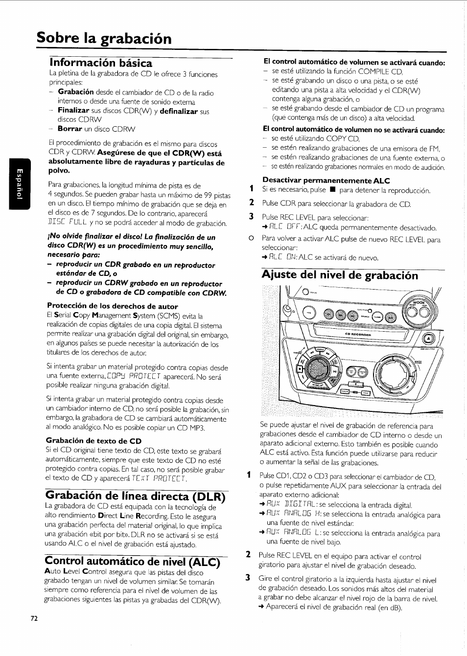 Sobre la grabación, Información básica, Protección de los derechos de autor | Grabación de texto de cd, Grabación de línea directa (dlr), Control automático de nivel (alc), Ajuste del nivel de grabación | Philips FW-R55 User Manual | Page 72 / 84