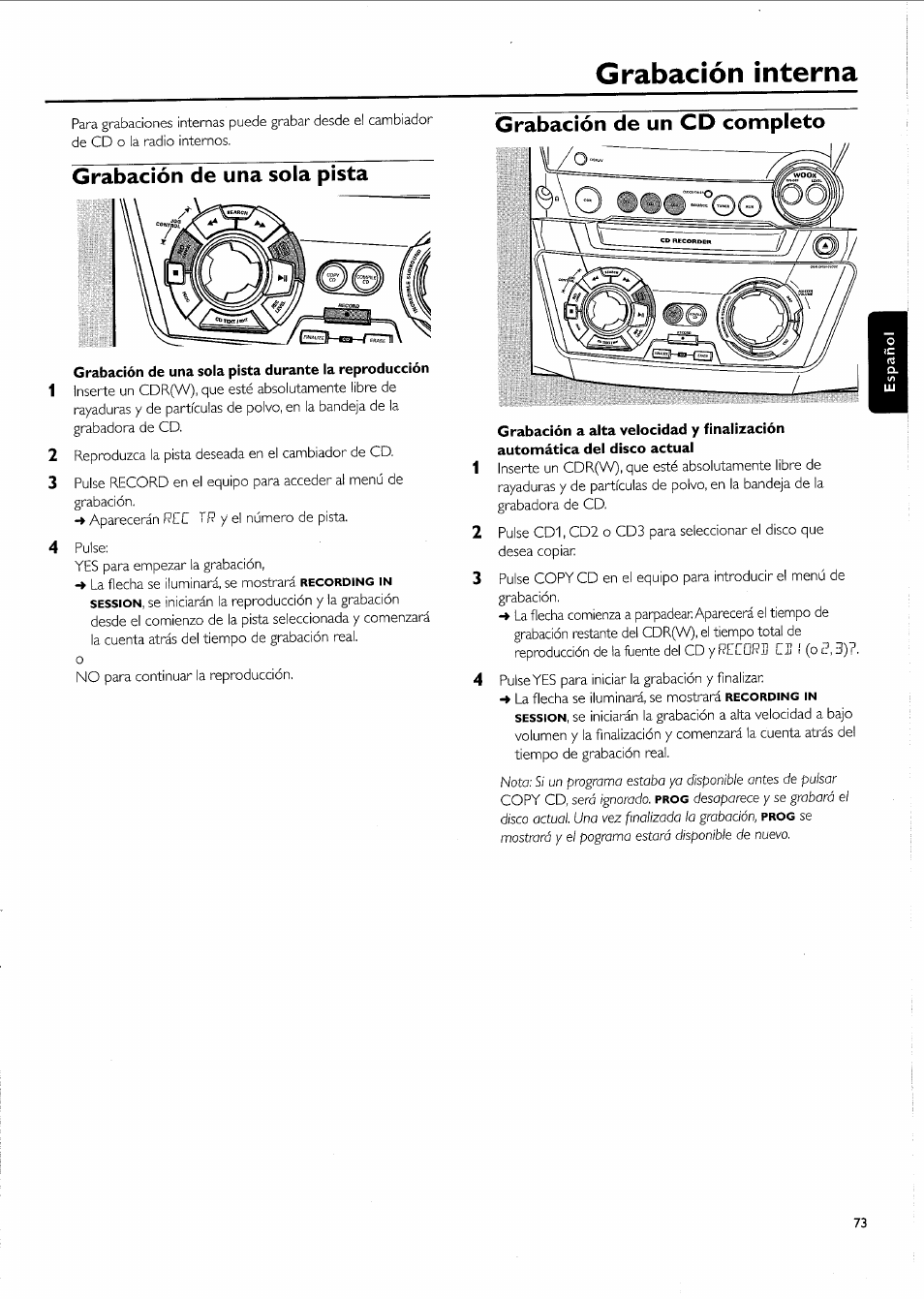 Grabación de una sola pista, Grabación de un cd completo, Grabación interna | Philips FW-R55 User Manual | Page 73 / 84