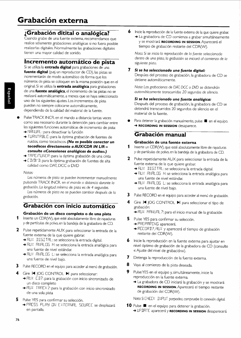 Grabación dítítal o analógica, Incremento automático de pista, Grabación con inicio automático | Grabación externa, Grabación manual | Philips FW-R55 User Manual | Page 76 / 84