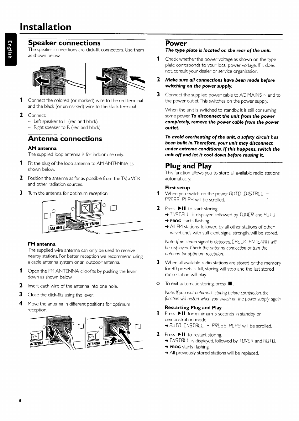 Installation, Speaker connections, Antenna connections | Am antenna, Fm antenna, Power, Plug and play | Philips FW-R55 User Manual | Page 8 / 84