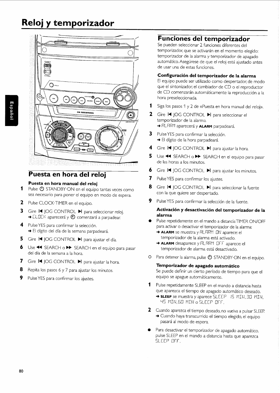 Reloj y temporizador, Puesta en hora del reloj, Funciones del temporizador | Philips FW-R55 User Manual | Page 80 / 84