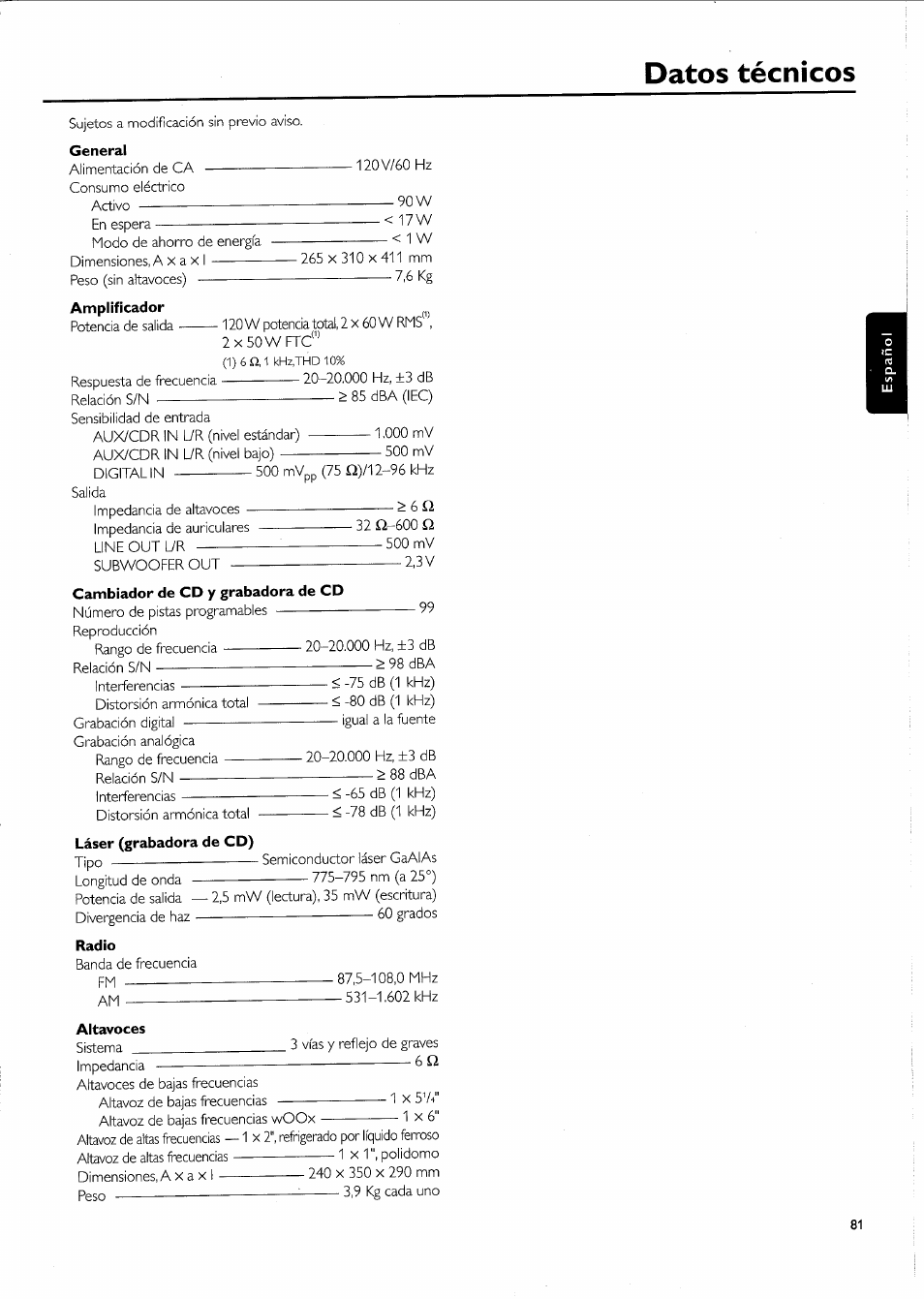 Datos técnicos | Philips FW-R55 User Manual | Page 81 / 84