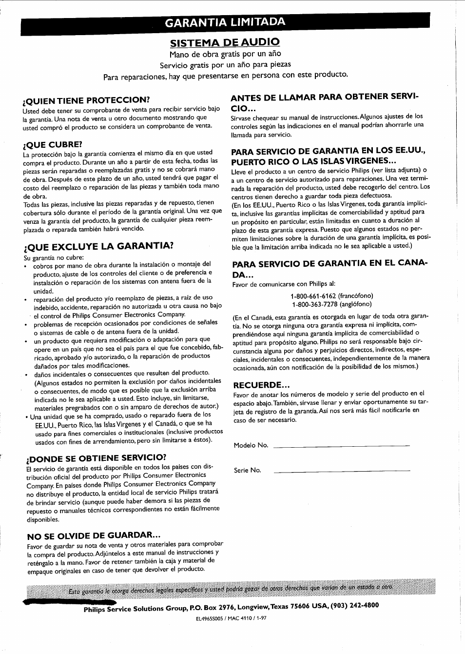 Garantia limitada, Sistema de audio, Garantia limitada sistema de audio | Quien tiene proteccion, Que cubre, Donde se obtiene servicio, No se olvide de guardar, Antes de llamar para obtener servi­ cio, Para servicio de garantia en el cana­ da, Recuerde | Philips FW-R55 User Manual | Page 83 / 84