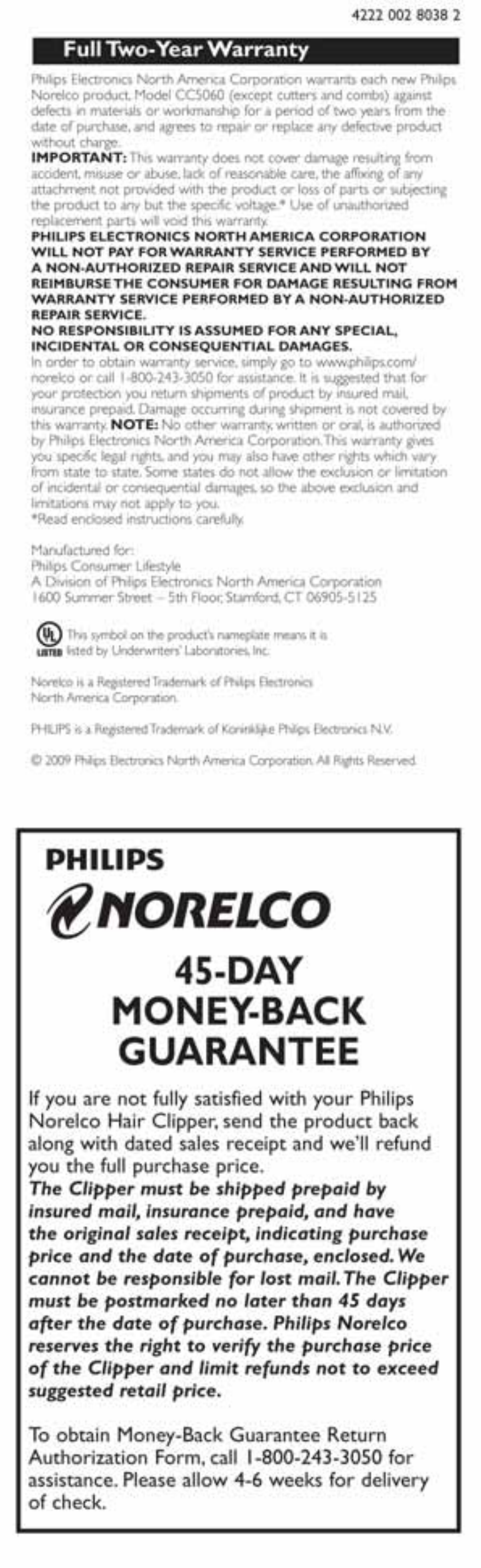 Money-back, Guarantee, Day money-back guarantee | Nereteh í ":#«rnjlra, Fnurt </r*,ij-r, Philips, Nonelco, Shipped prepaid by, Indicoting purchose price, Maif.the | Philips NORELCO CC5060 User Manual | Page 10 / 10