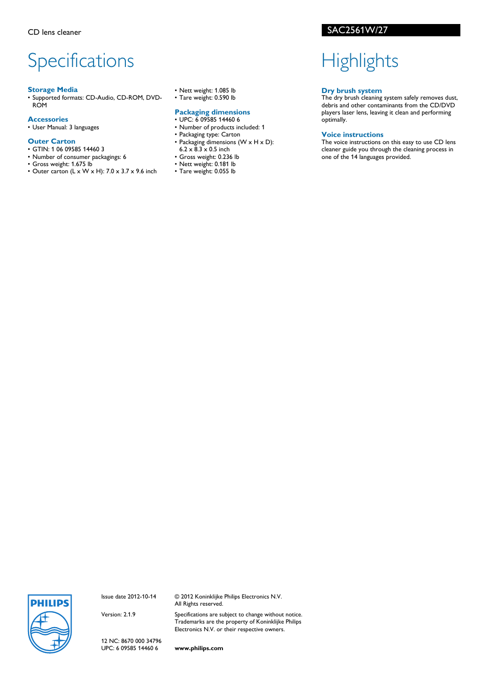 Specifications, Highlights | Philips SAC2561W User Manual | Page 2 / 2