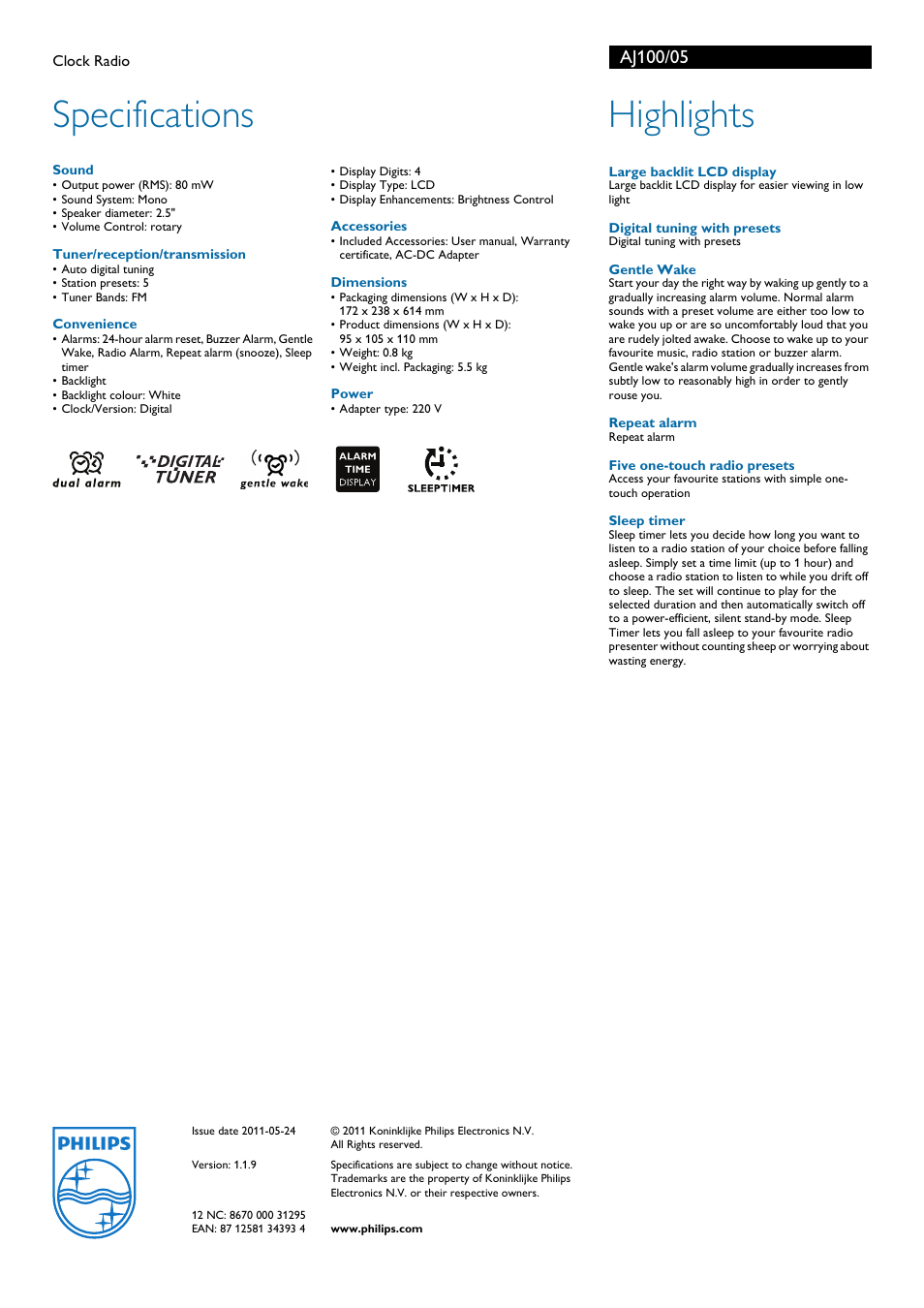 Specifications, Highlights | Philips AJ100/05 User Manual | Page 2 / 2