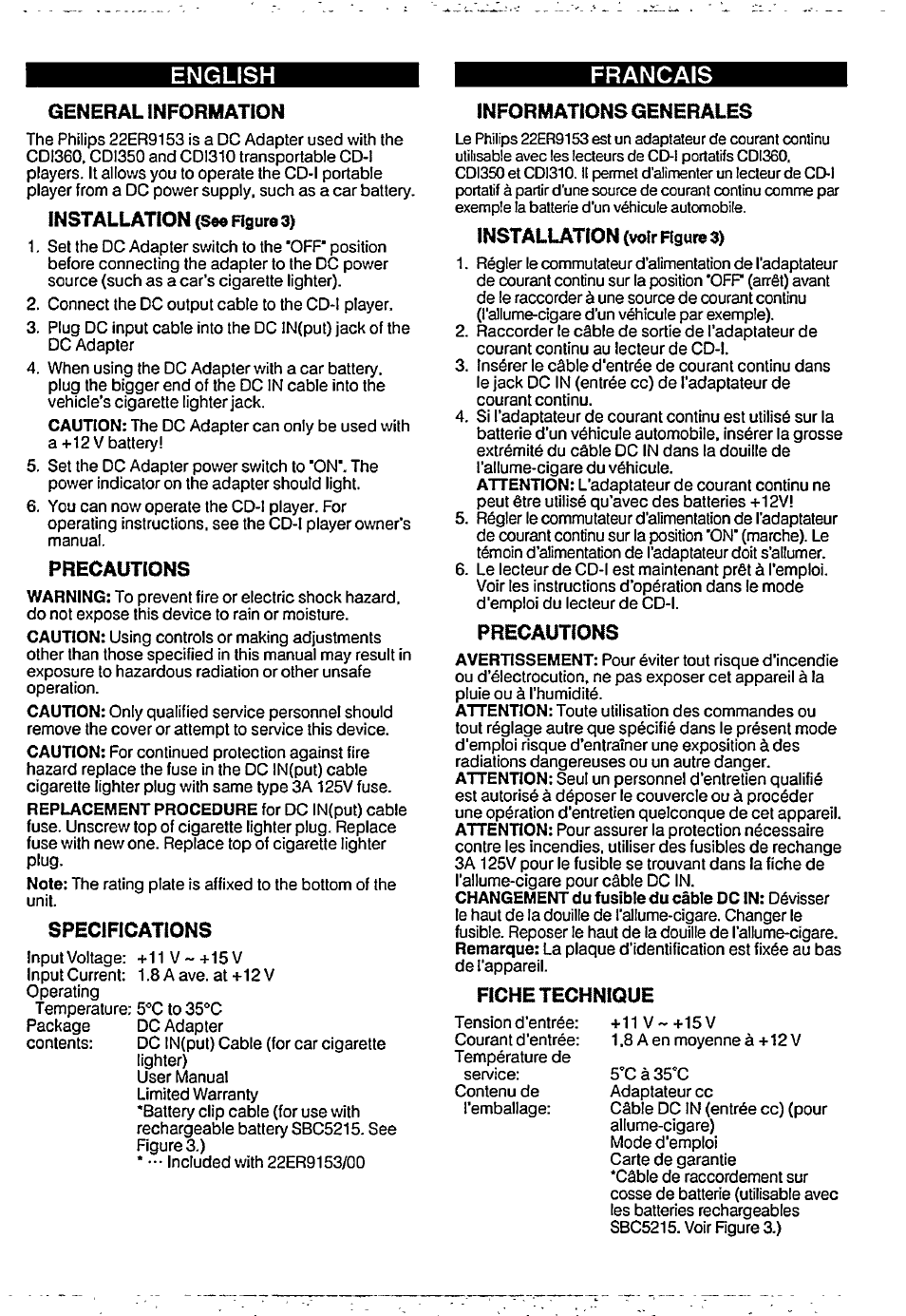 Français, General information, Precautions | Specifications, Informations generales, Fiche technique, English français | Philips 22ER9153 User Manual | Page 3 / 15