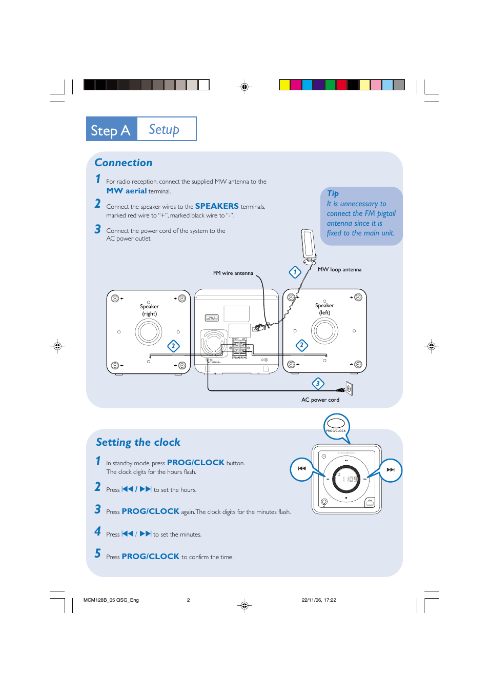 Step a, Setup, Connection | Setting the clock | Philips MCM128B User Manual | Page 2 / 4