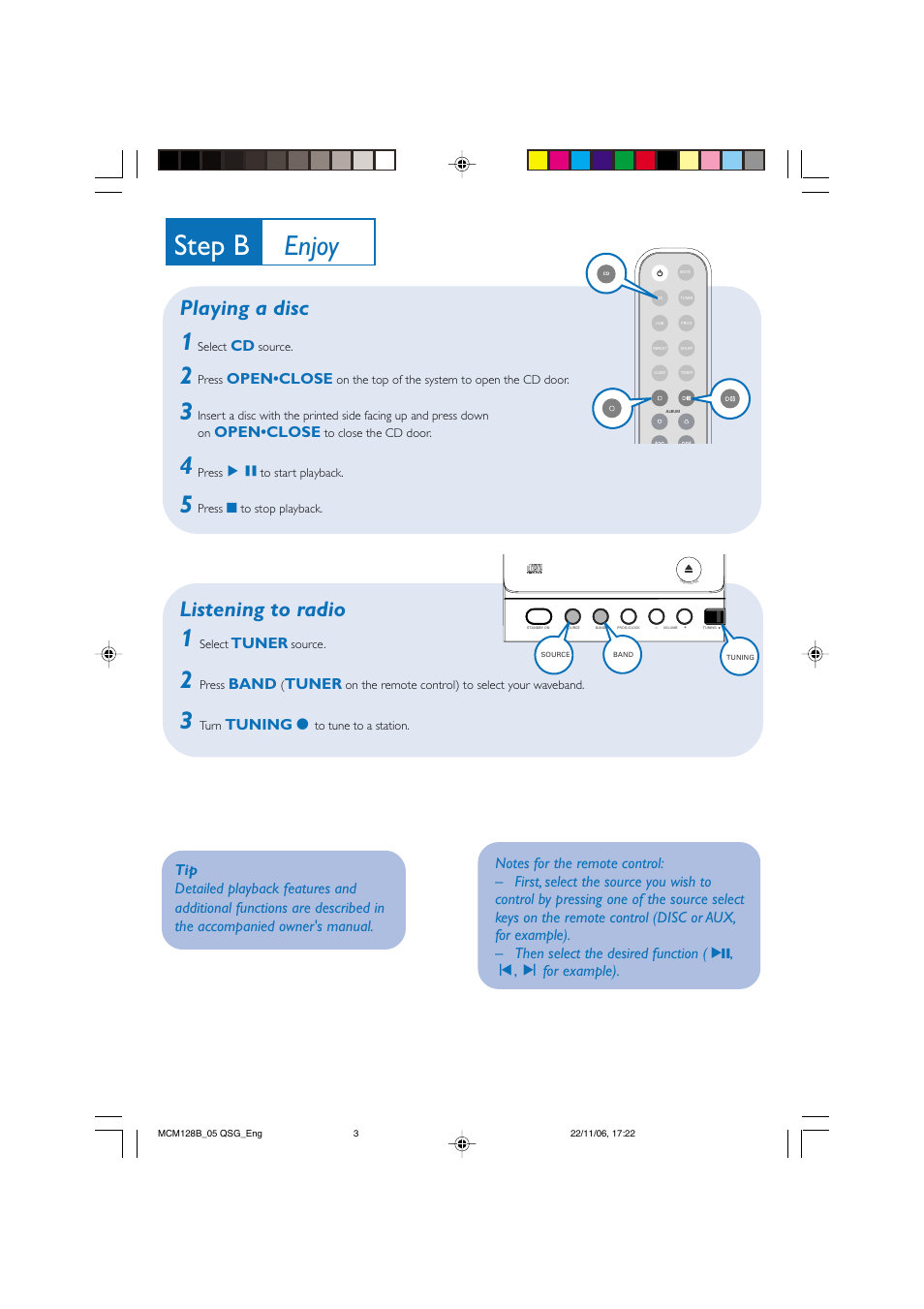 Step b, Enjoy, Playing a disc | Listening to radio, Tuner, Band, Tuning 0, Open•close | Philips MCM128B User Manual | Page 3 / 4