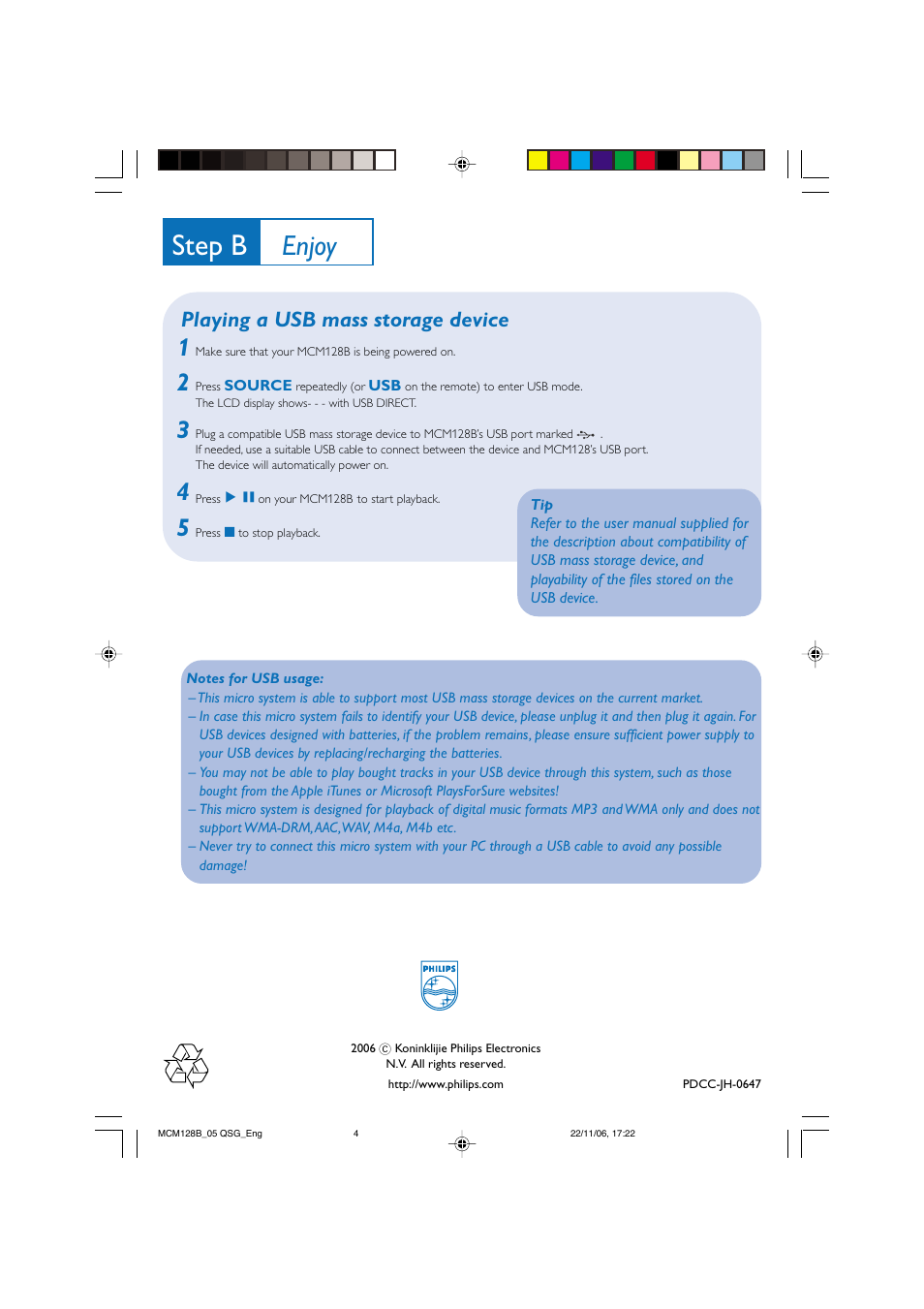 Step b, Enjoy, Playing a usb mass storage device | Philips MCM128B User Manual | Page 4 / 4