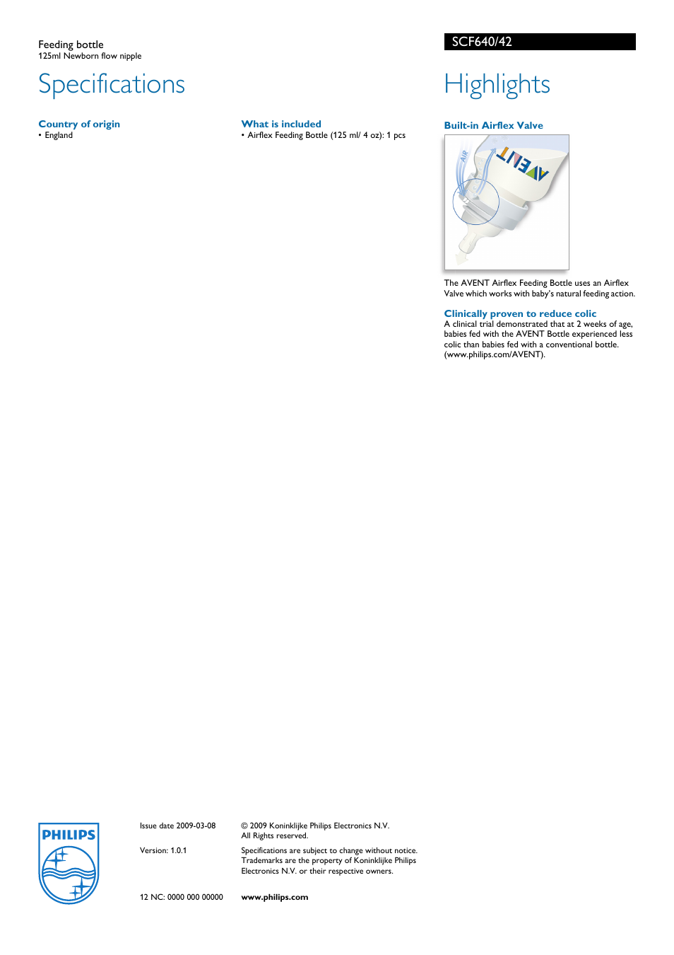 Specifications, Highlights | Philips AVENT SCF640/42 User Manual | Page 2 / 2