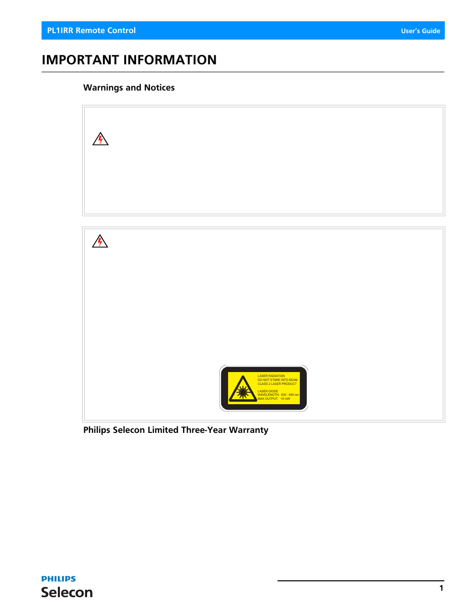 Important information, Warnings and notices, Philips selecon limited three-year warranty | Philips SELECON PL1IRR User Manual | Page 3 / 8