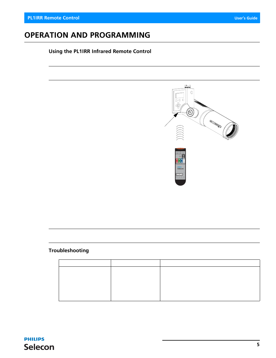 Operation and programming, Using the pl1irr infrared remote control, Troubleshooting | Philips SELECON PL1IRR User Manual | Page 7 / 8