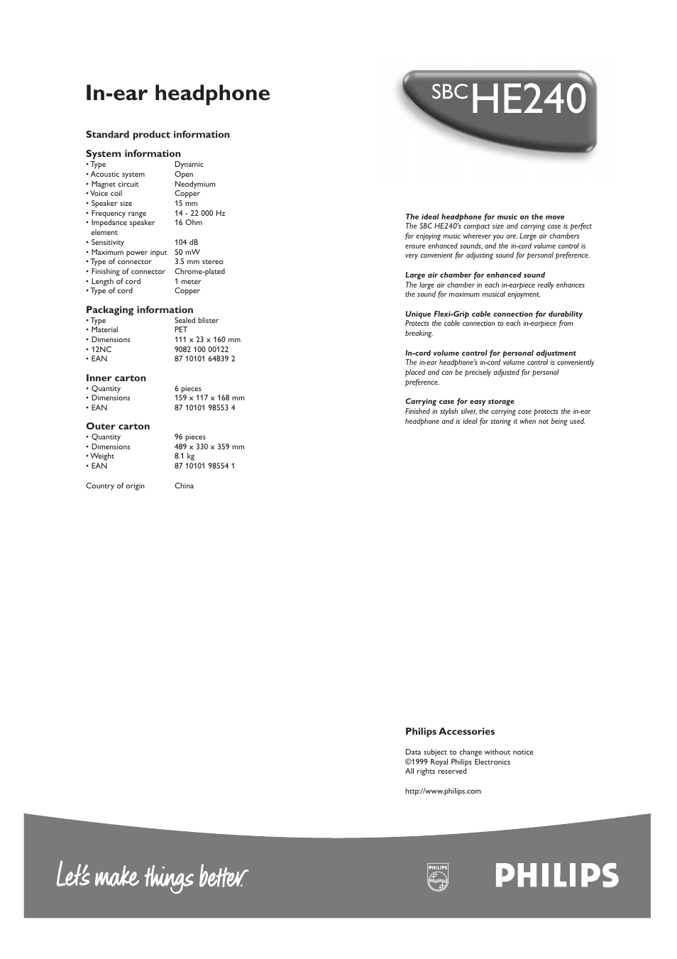 He240, In-ear headphone | Philips EarGear SBCHE240 User Manual | Page 2 / 2