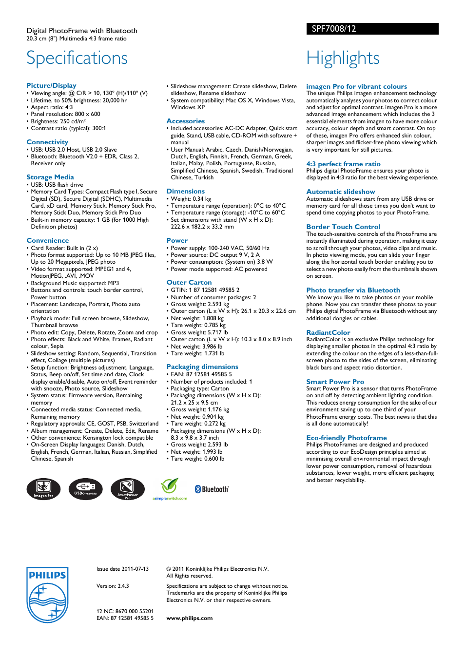 Specifications, Highlights | Philips SPF7008/12 User Manual | Page 2 / 2