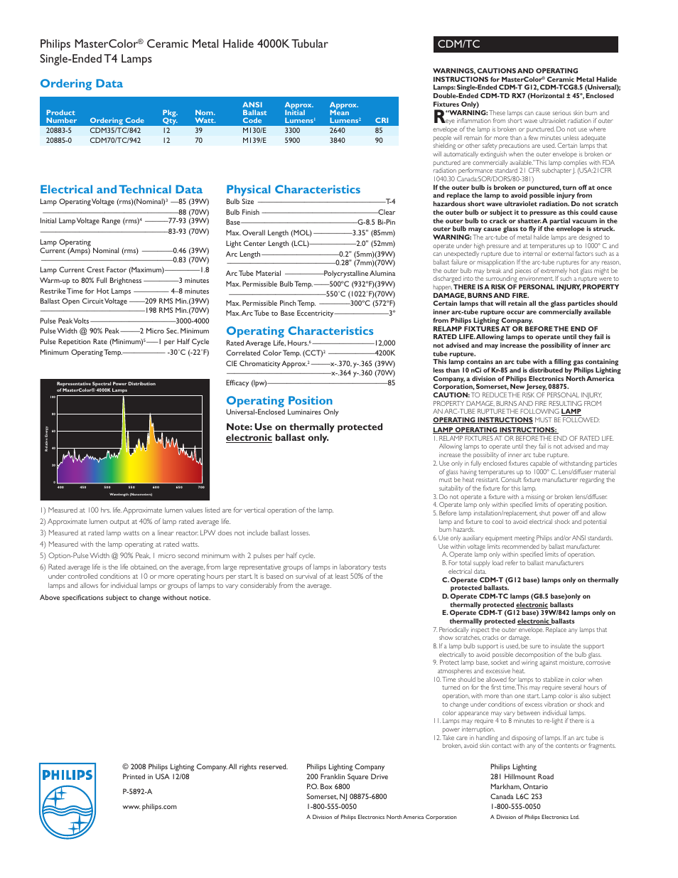 Philips mastercolor, Electrical and technical data, Physical characteristics | Operating characteristics, Operating position, Cdm/tc | Philips CDM/TC 3000K User Manual | Page 2 / 2