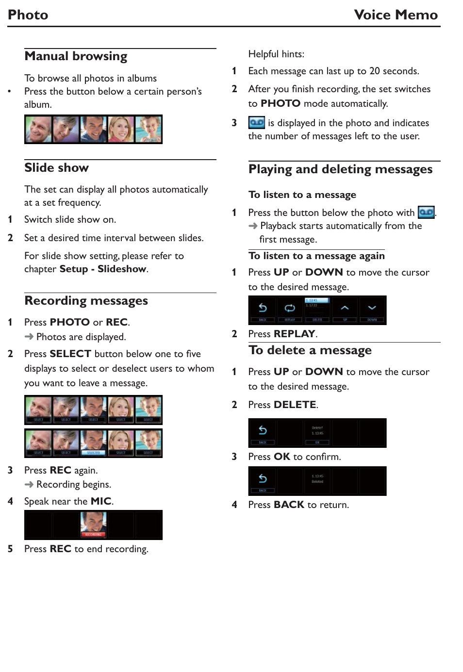 Manual browsing, Slide show, Recording messages | Playing and deleting messages | Philips AJL305/12 User Manual | Page 10 / 14