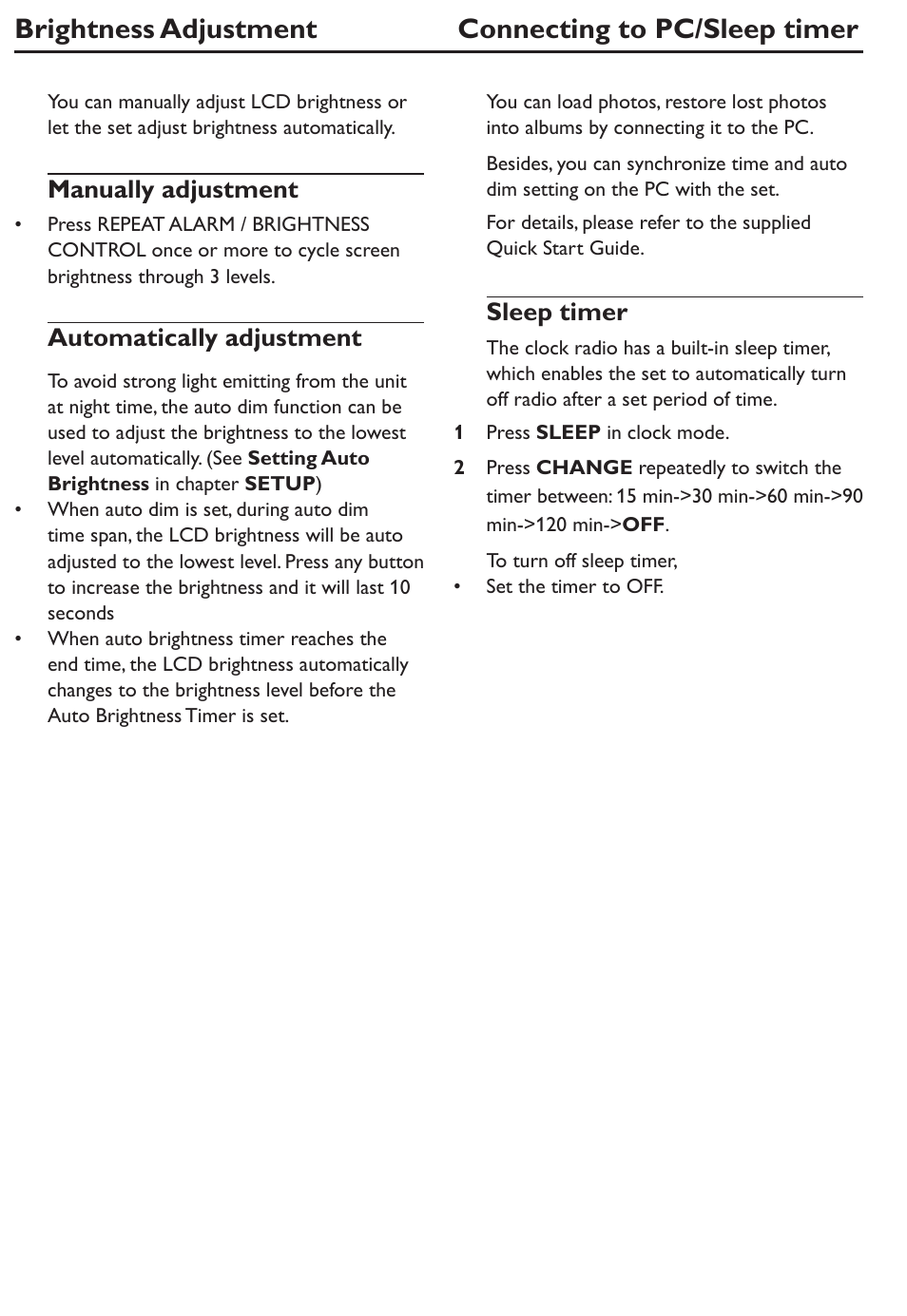 Brightness adjustment connecting to pc/sleep timer, Manually adjustment, Automatically adjustment | Sleep timer | Philips AJL305/12 User Manual | Page 11 / 14