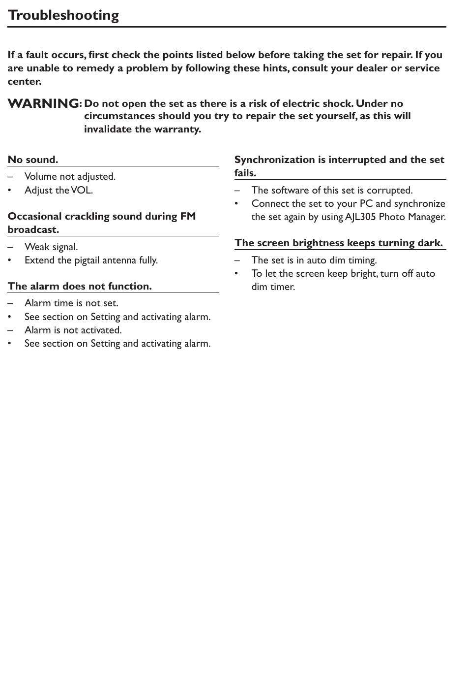 Troubleshooting, Warning | Philips AJL305/12 User Manual | Page 14 / 14