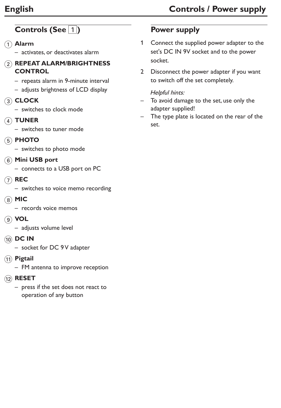 English controls / power supply, Controls (see, Power supply | Philips AJL305/12 User Manual | Page 3 / 14