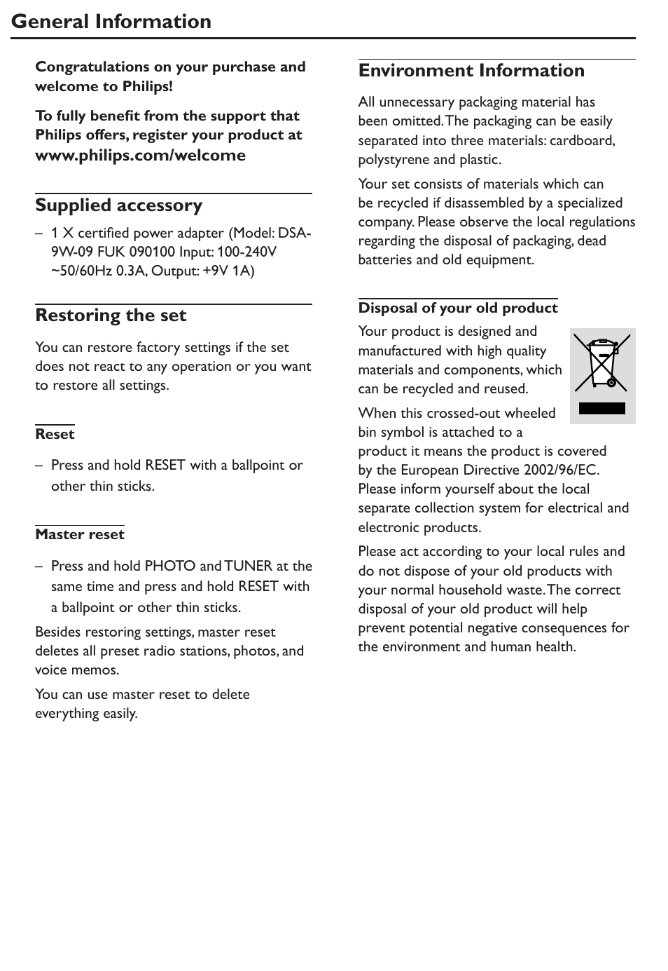 General information, Environment information, Supplied accessory | Restoring the set | Philips AJL305/12 User Manual | Page 4 / 14