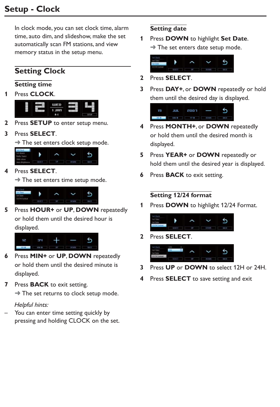 Setup - clock, Setting clock | Philips AJL305/12 User Manual | Page 5 / 14