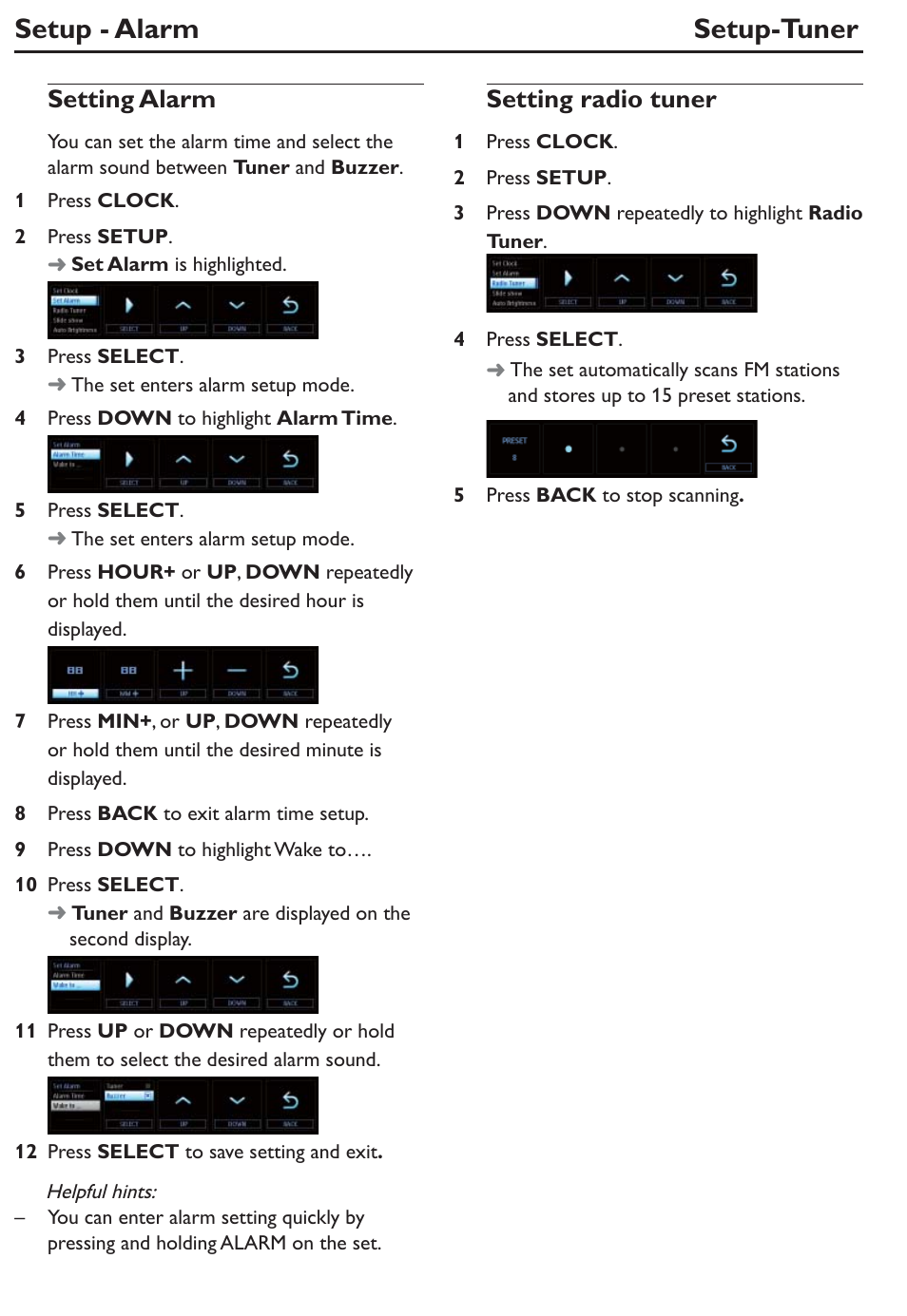 Setup - alarm setup-tuner, Setting alarm, Setting radio tuner | Philips AJL305/12 User Manual | Page 6 / 14