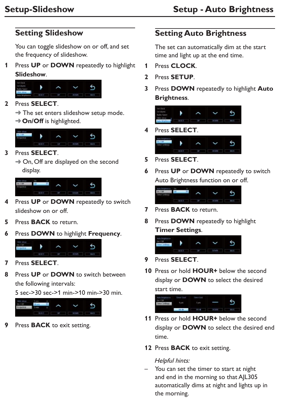 Setup-slideshow setup - auto brightness, Setting slideshow, Setting auto brightness | Philips AJL305/12 User Manual | Page 7 / 14