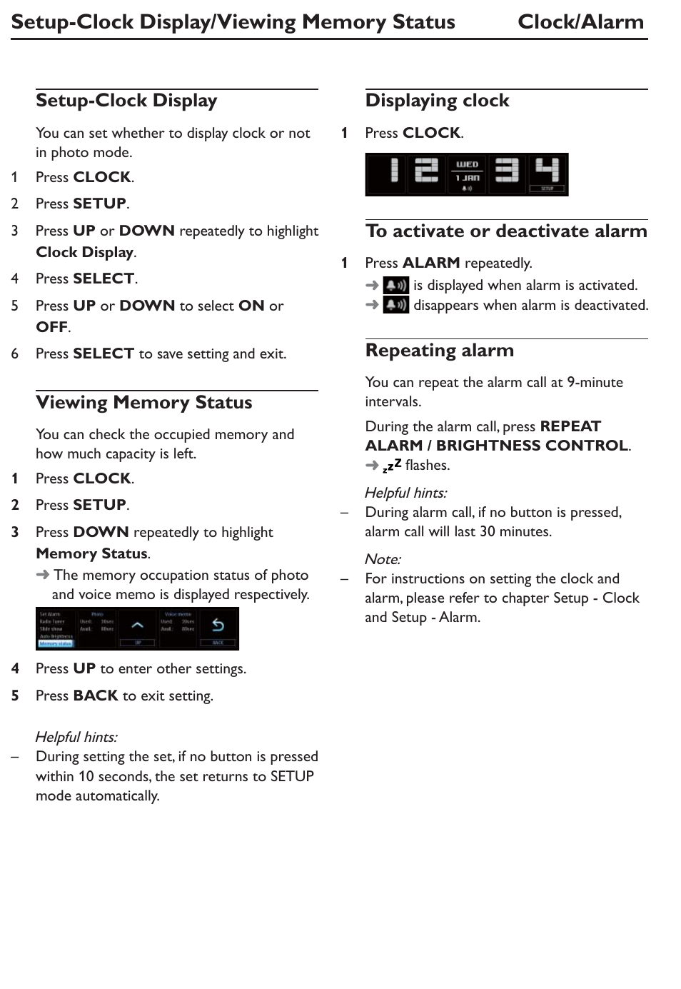 Setup-clock display, Displaying clock, Repeating alarm | Philips AJL305/12 User Manual | Page 8 / 14