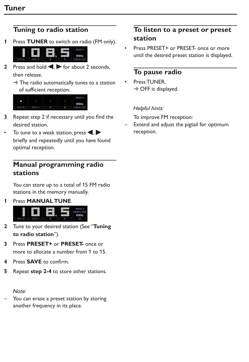 Tuner, Tuning to radio station, Manual programming radio stations | Philips AJL305/12 User Manual | Page 9 / 14