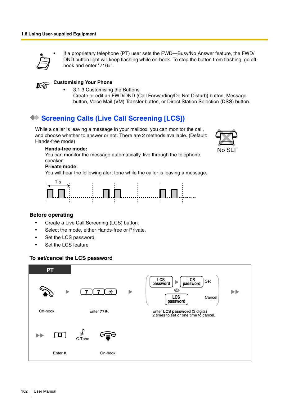 Screening calls (live call screening [lcs]), No slt | Philips KX-TEA308 User Manual | Page 102 / 168