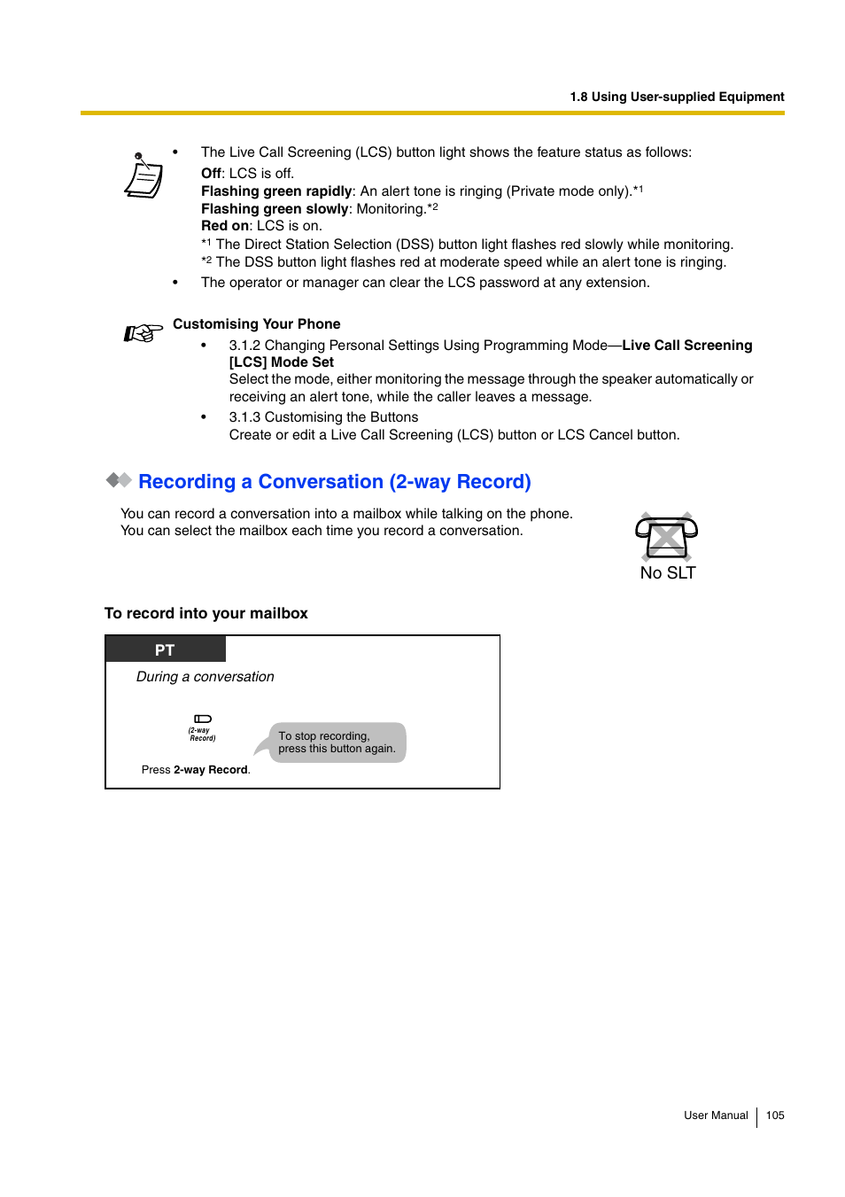 Recording a conversation (2-way record), No slt | Philips KX-TEA308 User Manual | Page 105 / 168