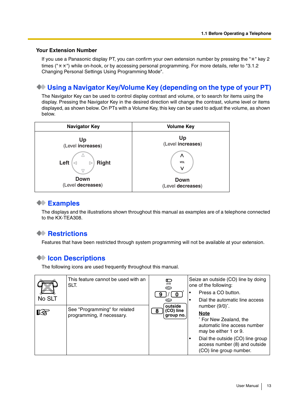 Examples, Restrictions, Icon descriptions | No slt | Philips KX-TEA308 User Manual | Page 13 / 168