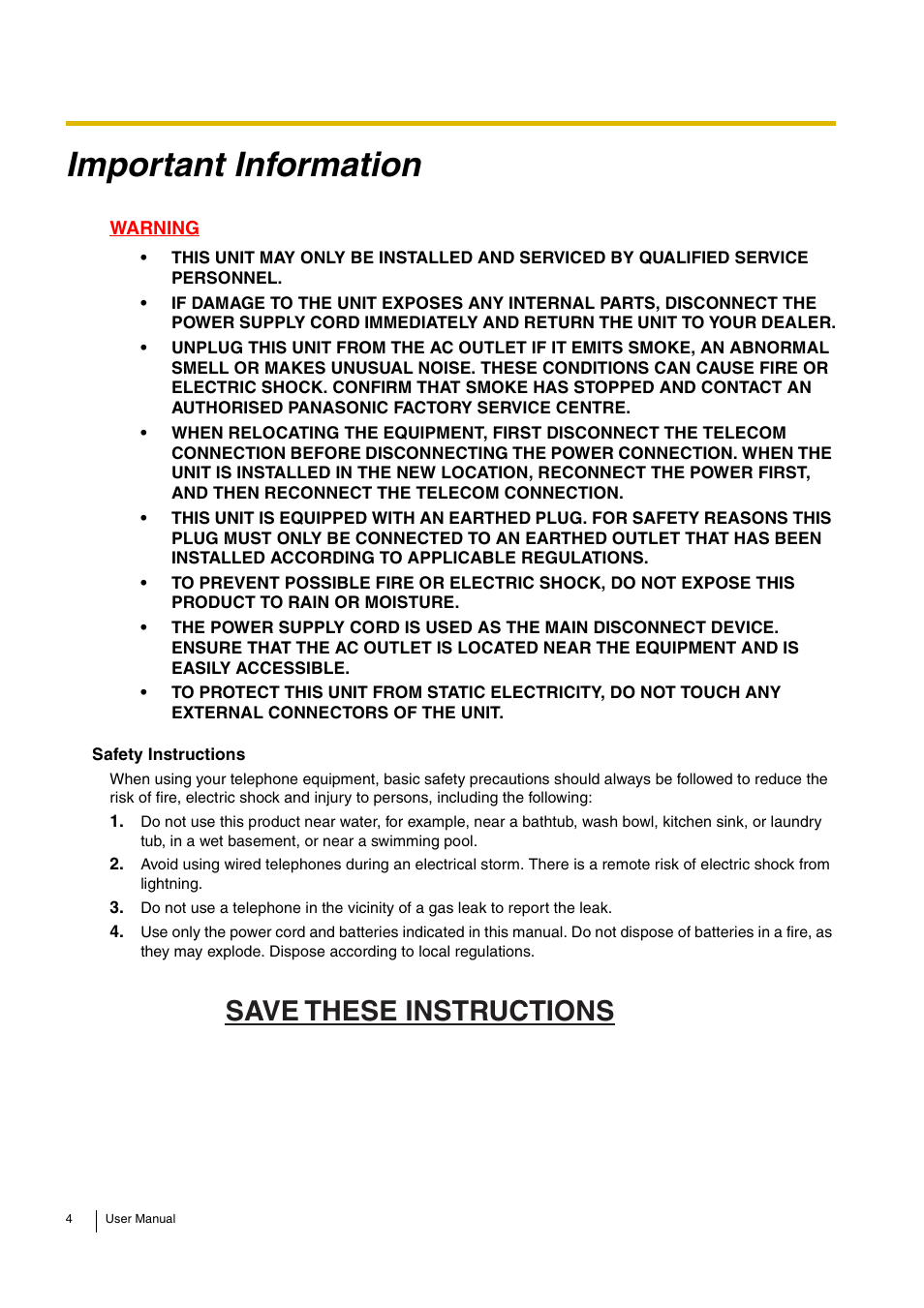Important information, Save these instructions | Philips KX-TEA308 User Manual | Page 4 / 168