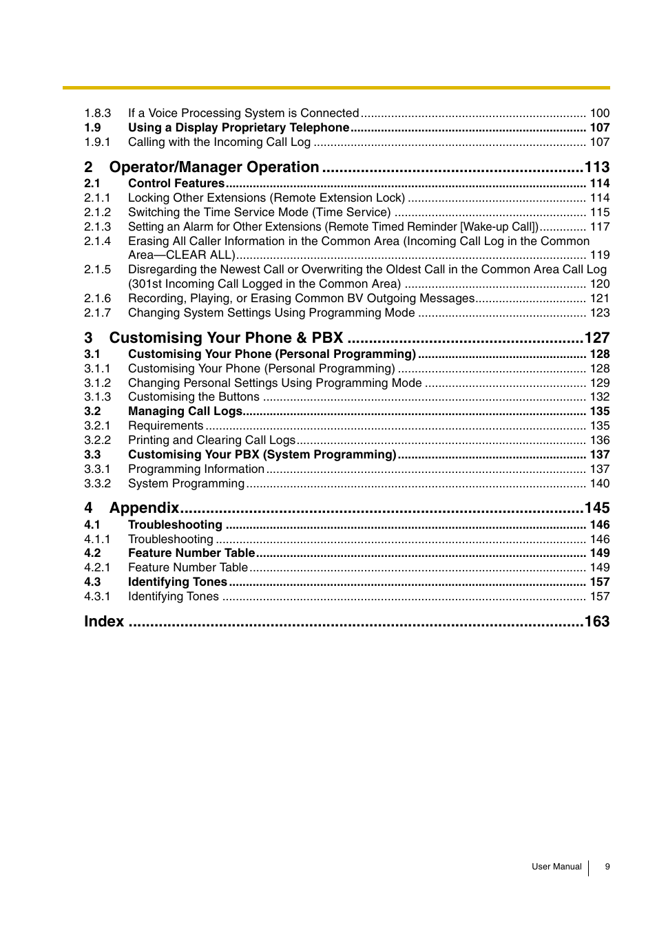 2operator/manager operation, 3customising your phone & pbx, 4appendix | Index | Philips KX-TEA308 User Manual | Page 9 / 168