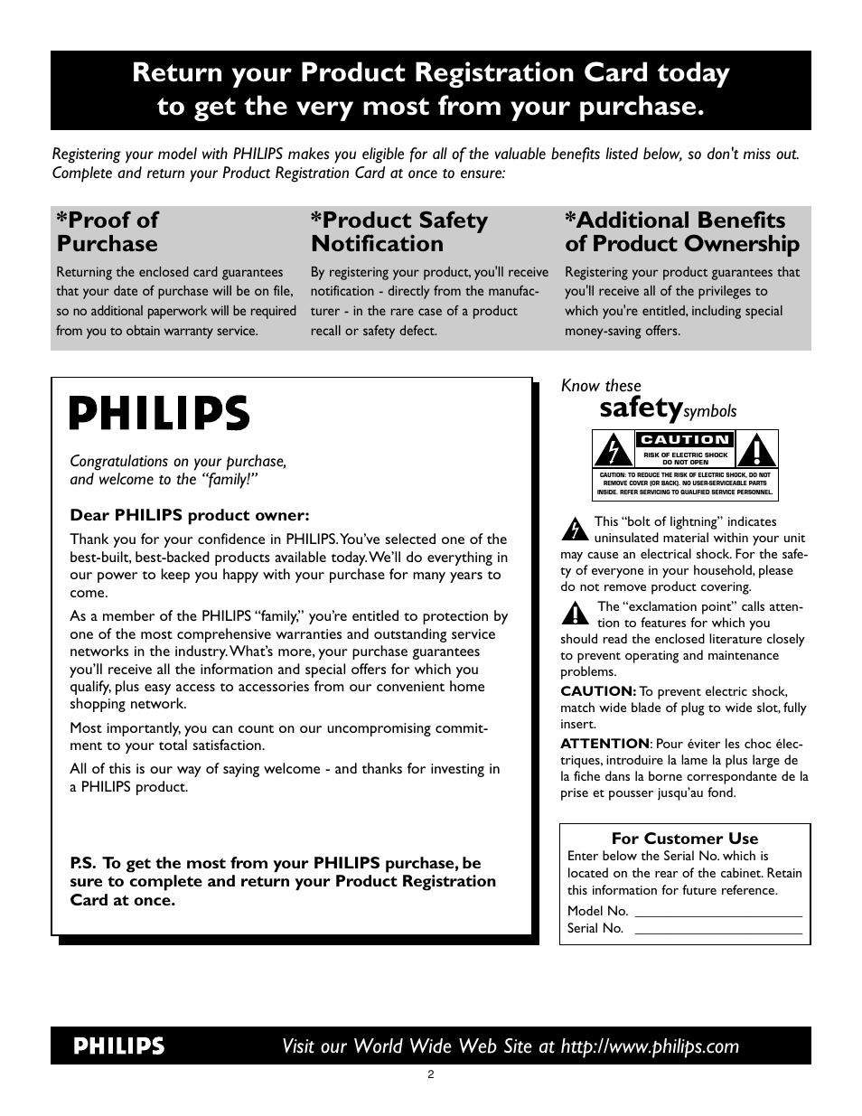 Safety, Proof of purchase, Product safety notification | Additional benefits of product ownership | Philips 17PF9946 User Manual | Page 2 / 48