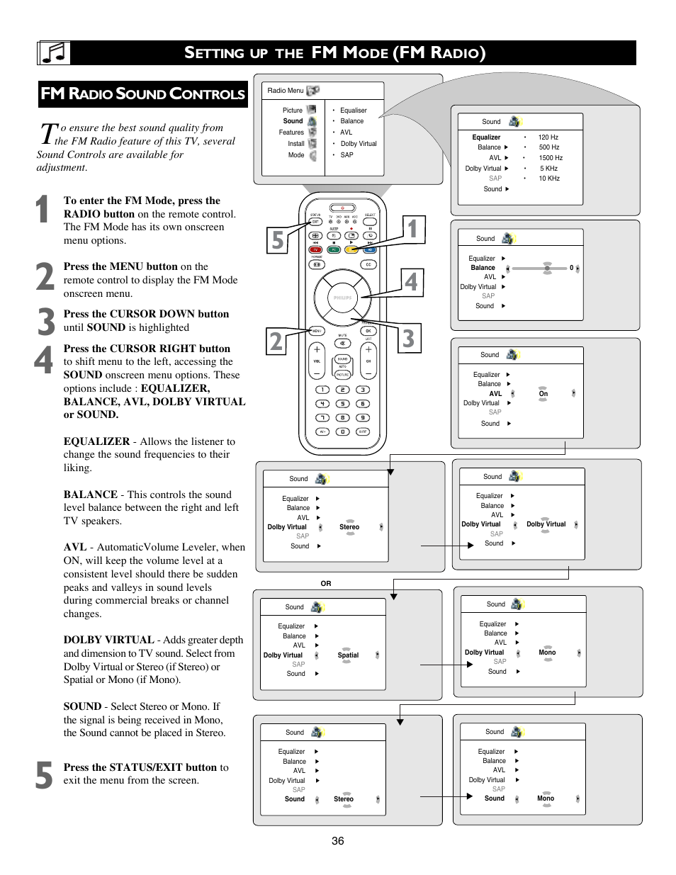 Fm m, Fm r, Etting up the | Adio, Ound, Ontrols | Philips 17PF9946 User Manual | Page 36 / 48