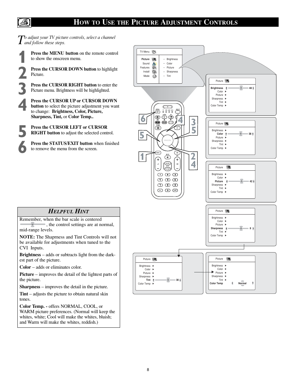 Ow to, Se the, Icture | Djustment, Ontrols | Philips 17PF9946 User Manual | Page 8 / 48