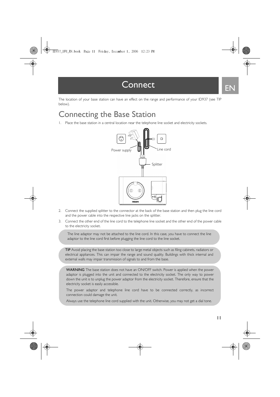 Connect, Connecting the base station | Philips ID937 User Manual | Page 11 / 63
