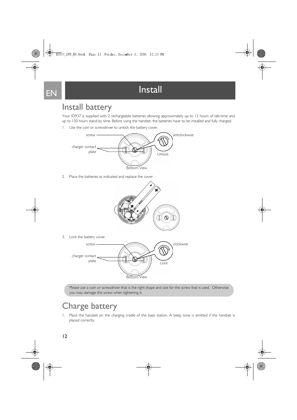 Install, Install battery, Charge battery | Philips ID937 User Manual | Page 12 / 63