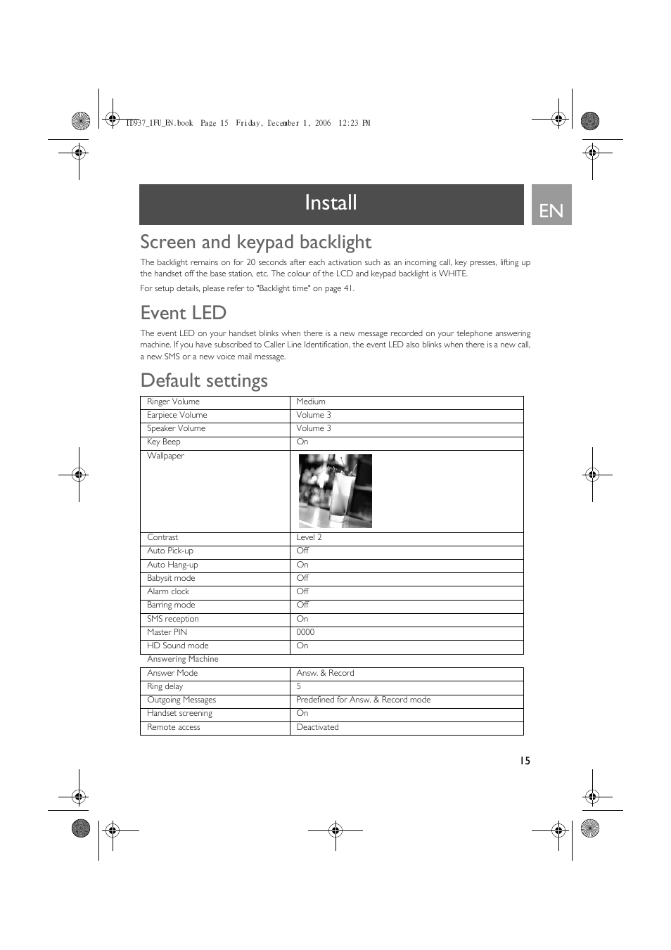 Install, Screen and keypad backlight, Event led | Default settings | Philips ID937 User Manual | Page 15 / 63
