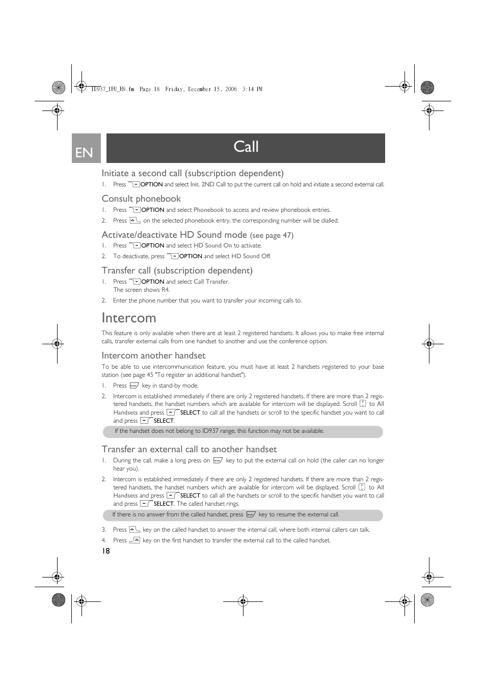 Call, Intercom, Initiate a second call (subscription dependent) | Consult phonebook, Activate/deactivate hd sound mode, Transfer call (subscription dependent), Intercom another handset, Transfer an external call to another handset | Philips ID937 User Manual | Page 18 / 63