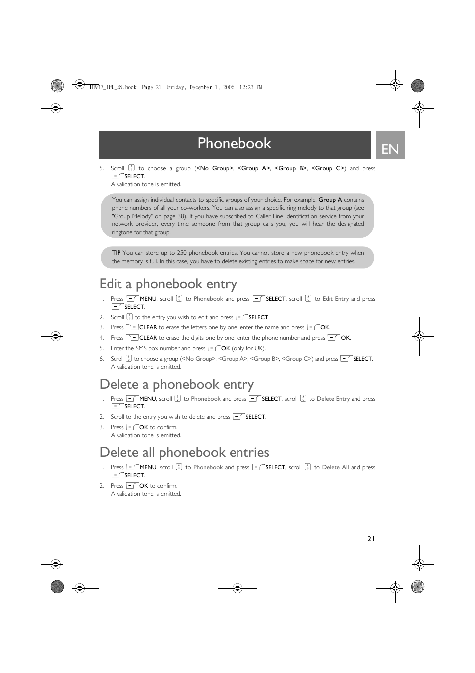 Phonebook, Edit a phonebook entry, Delete a phonebook entry | Delete all phonebook entries | Philips ID937 User Manual | Page 21 / 63